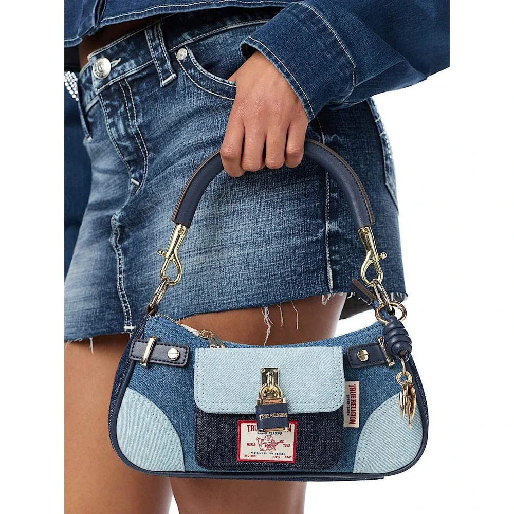 True Religion Patchwork Denim Shoulder Bag Y2K Mini Bag Blue Gold Hardware
